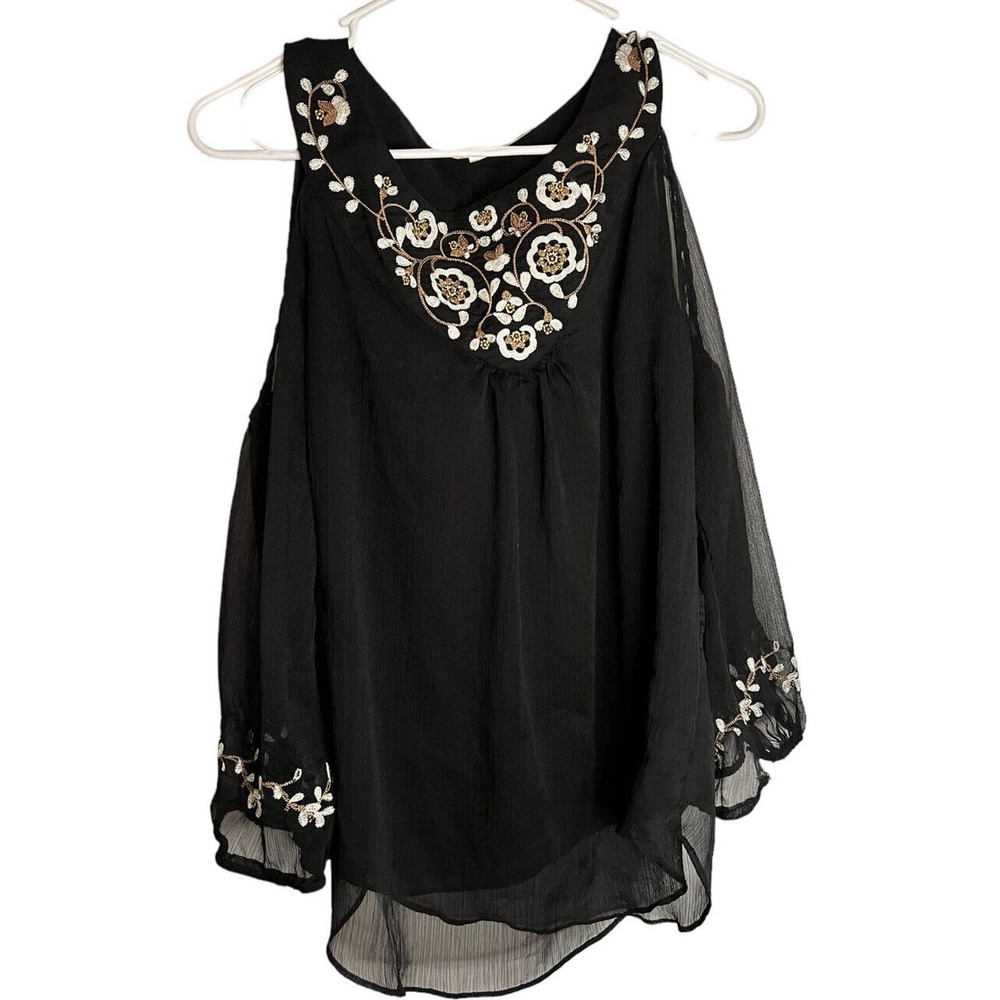 White House Black Market‎ Blouse Embroidered Cold Shoulder Top WHMB Small